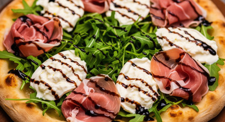 Gourmet flatbread pizza topped with fresh arugula, creamy burrata cheese, thinly sliced prosciutto, and drizzled with balsamic glaze. a delicious italian dish.の素材
