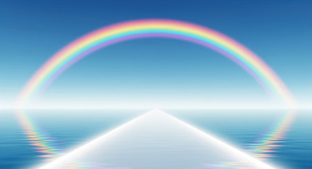 Vibrant rainbow arches across a clear blue sky, reflected in calm water with a luminous white pathway extending into the horizon. serene and hopeful scene.の素材