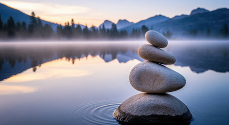 Balanced stones stacked on a larger rock in a tranquil lake, reflecting misty mountains and trees at sunrise. symbolizes peace, harmony, and meditation.の素材