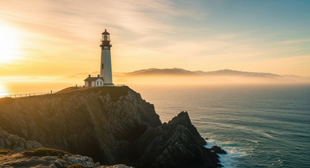 Lighthouse stands on a dramatic cliff overlooking a vast ocean. golden light of sunset illuminates the scene, creating a serene and majestic atmosphere.の素材
