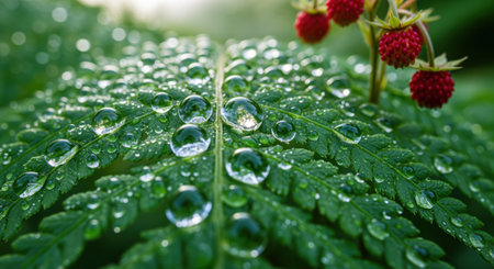 Fresh green fern leaf covered in glistening water drops, with vibrant red wild strawberries in the soft focus background. natural morning light highlights the intricate details and textures.の素材