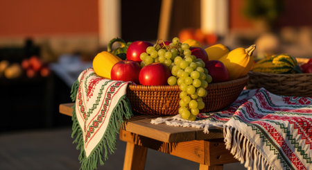 Traditional woven basket brimming with red apples, green grapes, and yellow squash on a wooden table with an embroidered tablecloth, bathed in warm autumn sunlight, symbolizing harvest and abundance.の素材