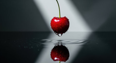 Ripe red cherry with water droplets suspended above a dark reflective water surface, creating ripples as a drop falls. freshness and purity concept.の素材