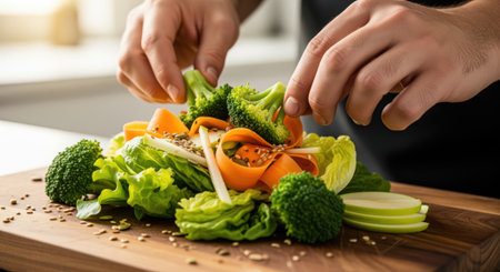 Hands carefully arranging fresh broccoli, vibrant carrots, and crisp lettuce into a healthy salad on a wooden board, promoting nutritious eating.の素材