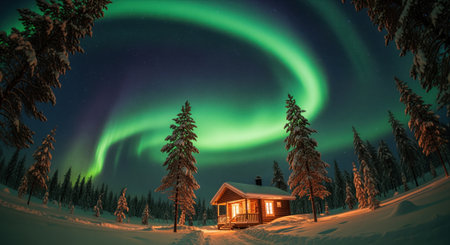 Rustic wooden cabin with warm light in snowy winter forest, illuminated by a vibrant green aurora borealis dancing across the dark night sky.の素材