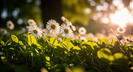 Delicate wild daisies with white petals and yellow centers blooming among lush green clover leaves, illuminated by warm golden sunlight and soft bokeh.の素材