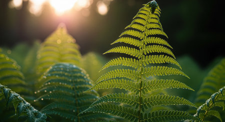 Green fern fronds covered in dew drops, illuminated by warm sunlight filtering through the forest, creating a serene natural scene and peaceful atmosphere.の素材