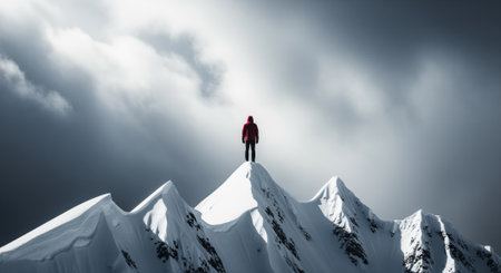 A solitary climber, seen from behind, stands atop a jagged, snow covered mountain peak under a dramatic, cloudy sky, symbolizing achievement and challenge.の素材