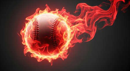 Baseball completely engulfed in swirling, intense crimson and deep orange flames, creating a powerful and dynamic visual effect on a dark background.の素材