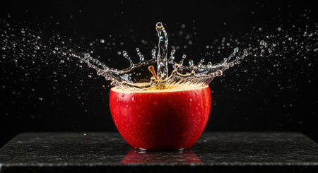 Vibrant red apple, perfectly sliced in half, with clear water splashing outwards, creating dynamic droplets against a dark background. freshness and healthy concept.の素材