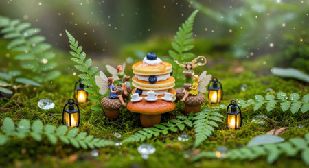 Miniature fairy tea party scene featuring tiny fairies, stacked pancakes with blueberries, small teacups, and glowing lanterns on mossy forest ground with ferns and sparkling light.の素材