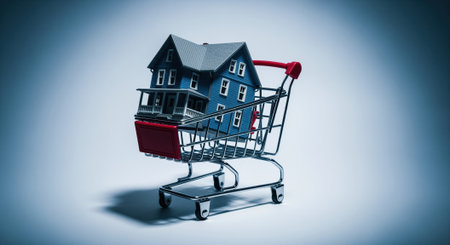 Blue house model with a gray roof inside a miniature shopping cart, illustrating concepts of home purchase, real estate investment, and property market.の素材