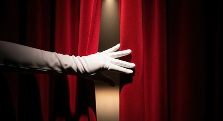Elegant woman hand in a white glove slowly parts luxurious deep red velvet theater curtains, revealing a bright spotlight. concept of show, mystery, and anticipation.の素材