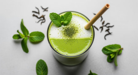 Vibrant green matcha latte drink in a clear glass, topped with creamy foam, fresh mint leaves, and a bamboo straw. healthy, refreshing, and natural beverage.の素材