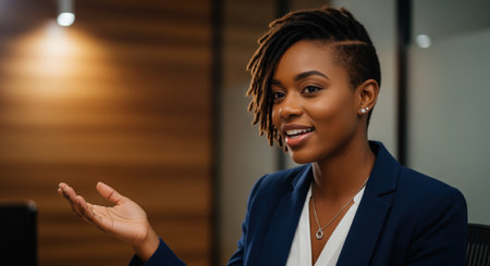 Confident african businesswoman with stylish dreadlocks, dressed in a navy blazer, smiling and gesturing while communicating in a modern office.の素材