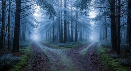Forest trail splitting into two diverging paths, surrounded by tall trees in a misty, cool environment. ground covered with pine needles and moss, evoking choice and the unknown future.の素材