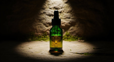 Green glass dropper bottle with natural oil on a textured stone surface, highlighted by a focused beam of light in a dark, earthy setting.の素材