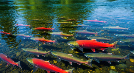 Vibrant red and silver salmon swimming against the current in a clear river, their bodies visible over the rocky riverbed. depicts wildlife, nature, and migration.の素材