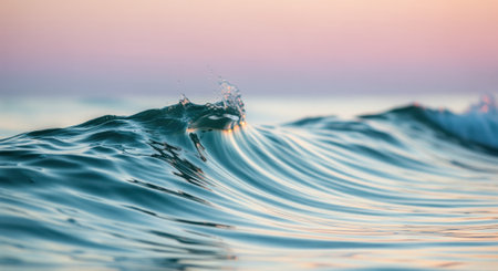 Gentle ocean wave breaking at sunrise, reflecting soft pastel colors of the sky. tranquil water surface with a small splash, creating a serene natural scene.の素材