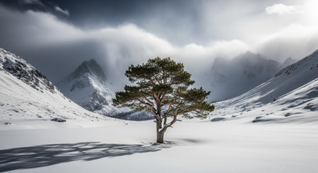 Solitary pine tree standing resiliently in a vast, snow covered mountain valley under a dramatic, cloudy winter sky, casting a long shadow on the pristine white landscape.の素材