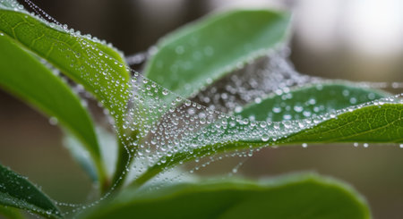 Sparkling water droplets cling to a delicate spiderweb stretched across vibrant green leaves, creating a natural, refreshing, and serene scene.の素材