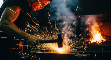 Blacksmith hammering glowing hot steel on an anvil, creating a dynamic spray of bright sparks and smoke in a dark, traditional workshop setting.の素材