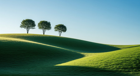 Three vibrant green trees stand atop a rolling hill, bathed in sunlight under a clear blue sky, creating a tranquil and minimalist landscape scene.の素材