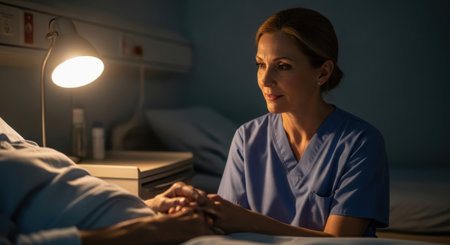 Female nurse in blue scrubs gently holding a patient hand in a hospital bed at night, providing comfort and support in a dimly lit room.の素材