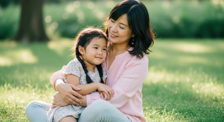 Asian mother and her young daughter embracing affectionately while sitting on lush green grass in a sunlit park, sharing a moment of love and connection.の素材