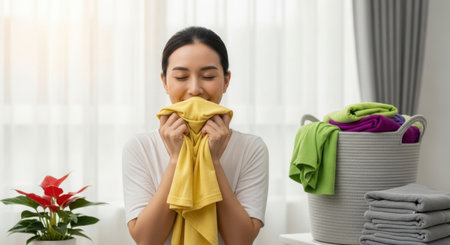 Smiling young woman smelling soft yellow fabric with closed eyes, appreciating the fresh clean laundry scent. a basket of colorful clothes and folded towels are nearby, representing home care and domestic chores.の素材