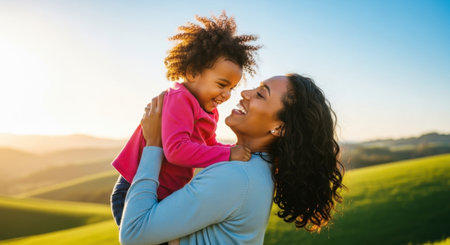 Joyful black mother holding her smiling daughter outdoors, bathed in warm sunlight against a backdrop of green hills. expresses love, family bond, and happiness.の素材