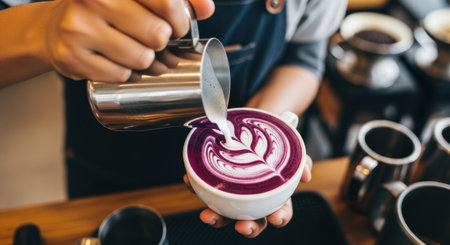 Barista carefully pours steamed milk from a pitcher, crafting a beautiful leaf pattern latte art on a vibrant purple beverage in a white cup.の素材