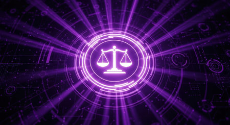 Glowing white scales of justice icon centered within a futuristic purple digital interface with radiating light beams and abstract circuit patterns on a dark background, symbolizing law and technology.の素材