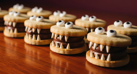 Row of playful halloween monster cookies with candy eyes, sharp white teeth, and chocolate cream filling, arranged on a dark wooden table, perfect for spooky celebrations.の素材