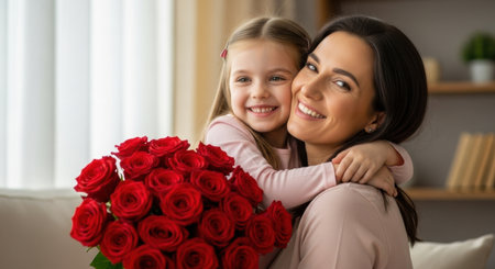 Joyful mother and daughter embracing with radiant smiles, holding a vibrant bouquet of red roses. capturing a heartwarming moment of family love and happiness.の素材