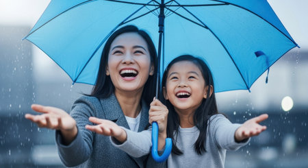 Happy asian woman and young girl under a bright blue umbrella, laughing and reaching out to catch raindrops. joyful moment during a rainy day, symbolizing family bonding and happiness.の素材