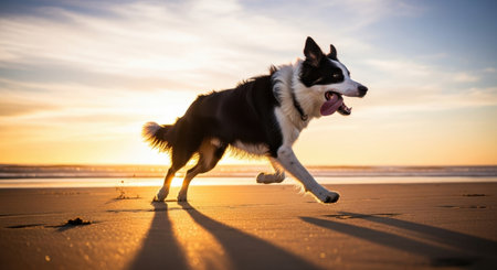 Energetic border collie dog sprinting across a sandy beach, silhouetted by a vibrant golden sunset. ocean waves in the background, capturing freedom, joy, and active outdoor play.の素材