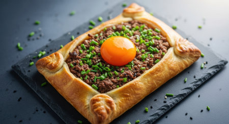 Rectangular savory pastry filled with seasoned minced beef, topped with a vibrant raw egg yolk and fresh green chives, served on a dark slate board.の素材