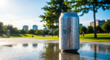Cold silver aluminum beverage can with condensation standing on a wet, reflective concrete surface in a sunny urban park. refreshing drink for summer, thirst, and outdoor relaxation.の素材