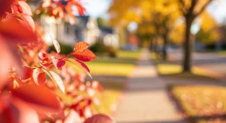 Vibrant red and orange autumn leaves in sharp focus, with a blurred suburban street, sidewalk, and yellow trees in the background, conveying the beauty of fall.の素材