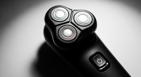 Matte black electric shaver with three circular shaving heads on a clean white background. modern grooming tool for personal care and hygiene.の素材