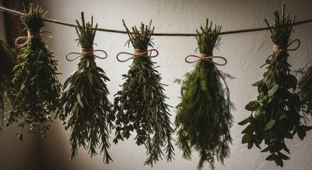 Bunches of fresh aromatic herbs including rosemary, dill, and mint tied with twine, hanging on a rope to dry. natural process for culinary use and herbal remedies.の素材