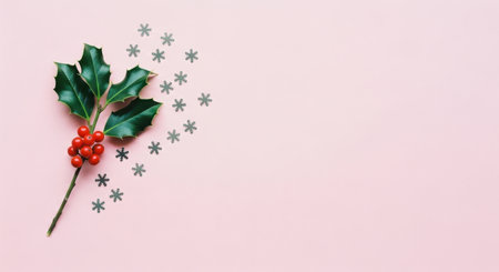 Holly branch with vibrant red berries and green leaves, accompanied by silver snowflake confetti, arranged diagonally on a soft pastel pink surface. ideal for winter holiday designs, greeting cards, or festive promotions.の素材