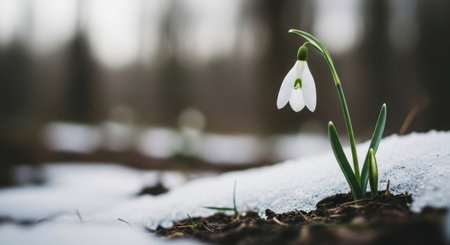 Delicate white snowdrop flower with green stem and leaves pushing through melting snow and dark soil. symbolizes new life, hope, and the arrival of early spring in a blurred forest setting.の素材