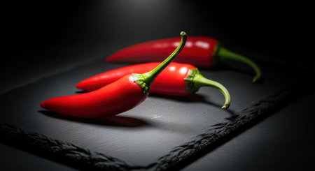 Three vibrant red chili peppers, one sharp in the foreground, two softly blurred behind, arranged on a dark slate surface with dramatic lighting. represents spice, heat, and flavor.の素材