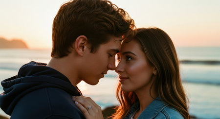 Young couple sharing a tender, romantic moment by the ocean at sunset, foreheads touching, expressing love and connection. engagement ring visible.の素材