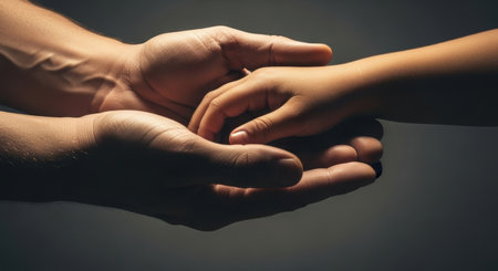 Adult hand gently cradling a child hand, symbolizing protection, care, love, and family connection. a tender moment of support and security.の素材