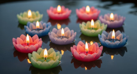 Multiple colorful lotus shaped candles floating and burning on a dark water surface, creating a serene and peaceful ambiance for meditation or relaxation.の素材