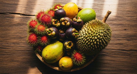 Abundant basket of vibrant tropical fruits including rambutan, mangosteen, durian, mango, and avocado, presented on a rustic wooden table with natural light.の素材