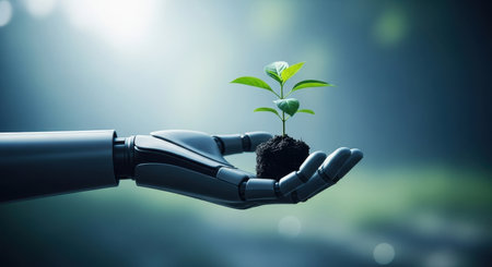 Sleek robotic hand gently holding a vibrant green plant sprout with soil, symbolizing technology role in environmental care, sustainable development, and future growth.の素材